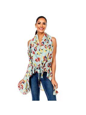 Mint Floral Vest High-Low Cover Up Tie Waist One Size Beach Cruise Vacation New